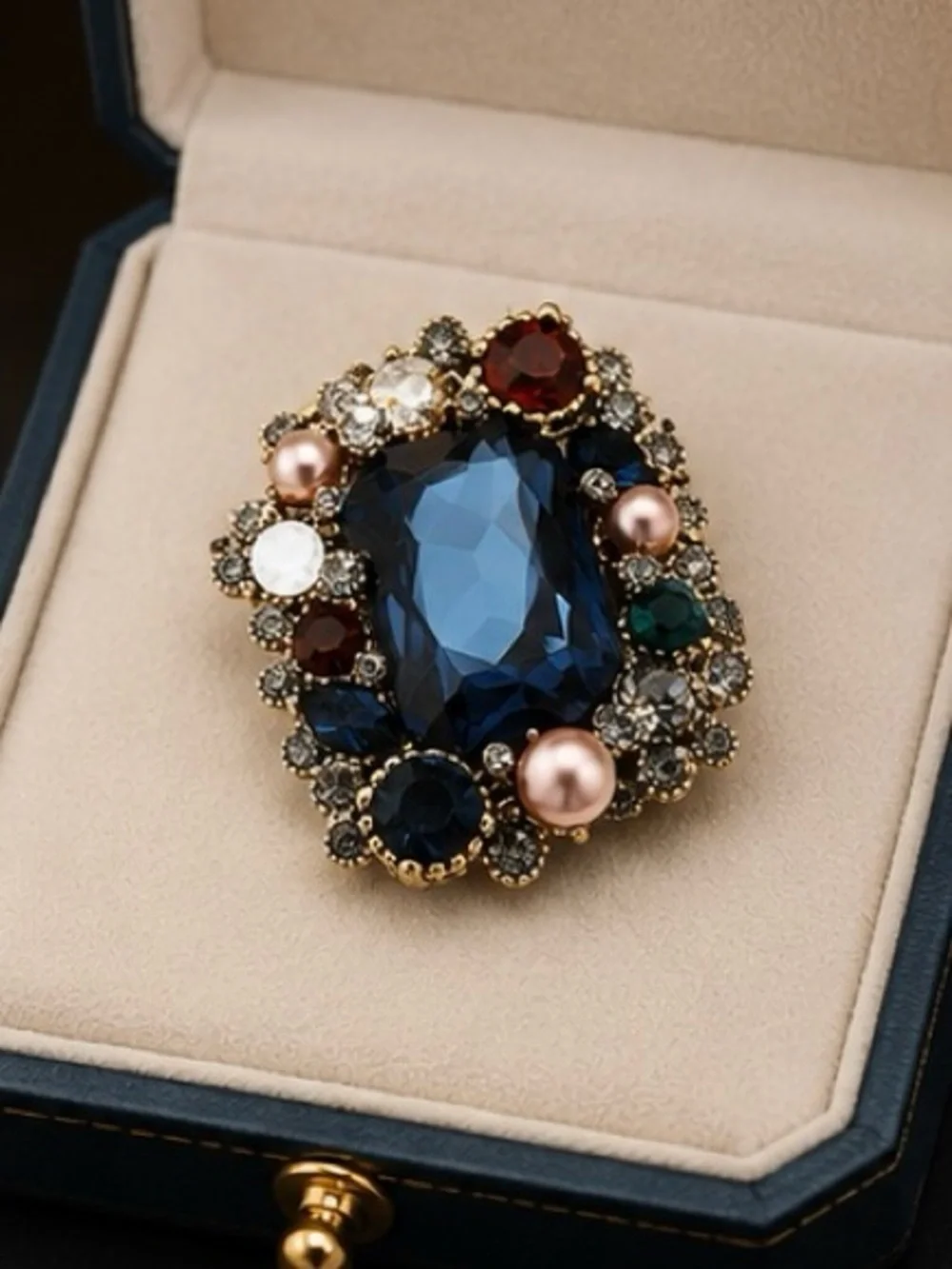 Vintage Navy Blue Crystal Brooch | Multicolor Rhinestone Statement Pin | Antique